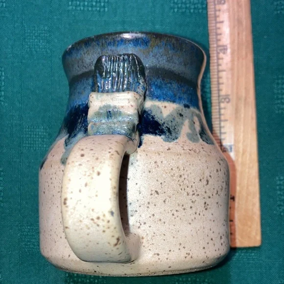 POTTERY artisan made signed mug, tan & blues, 1 cup, fancy handle $20 - Picture 4 of 9